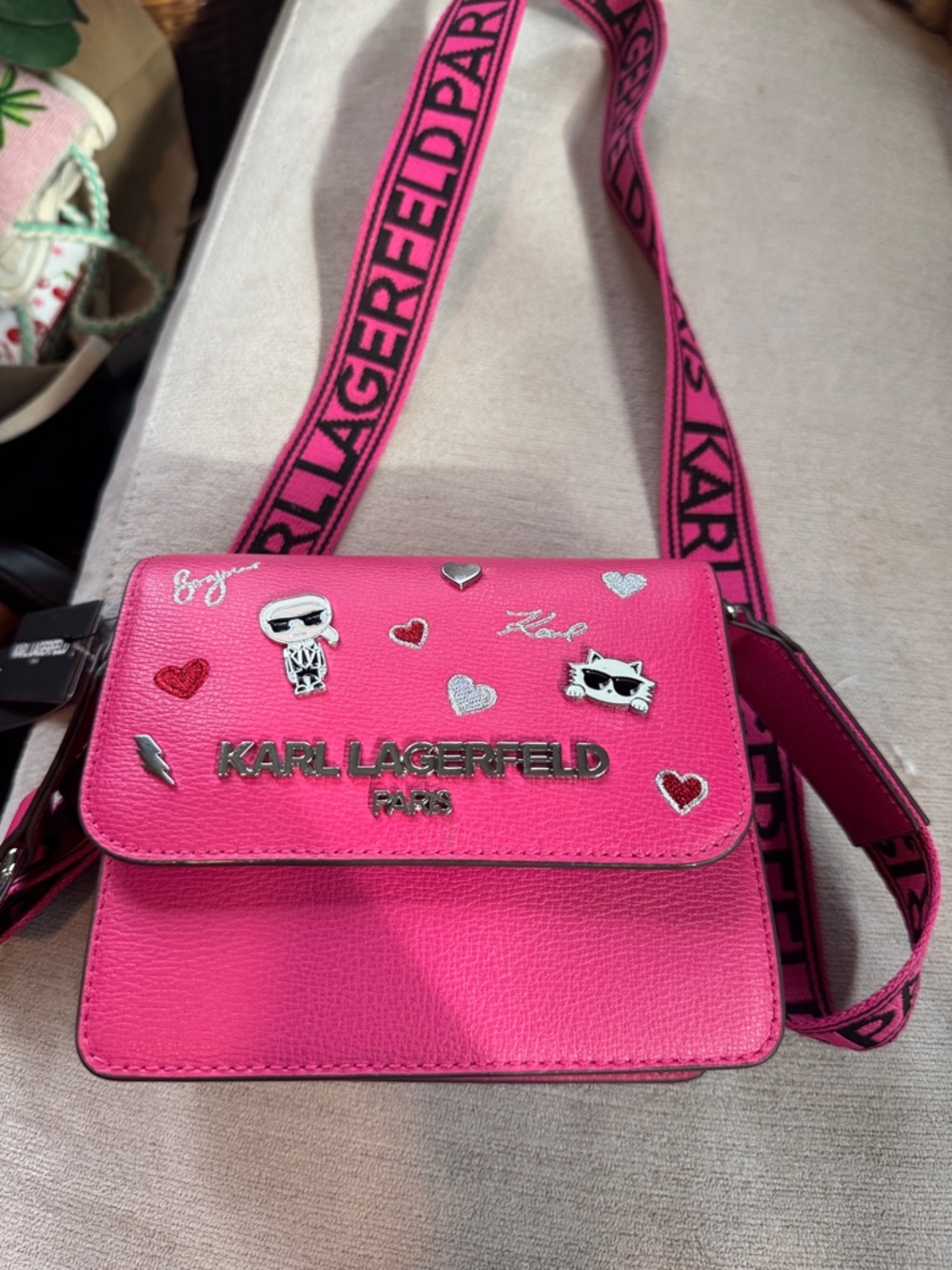 Karl Lagerfeld Hot Pink Crossbody Bag with Logo Strap - Picture 3 of 12